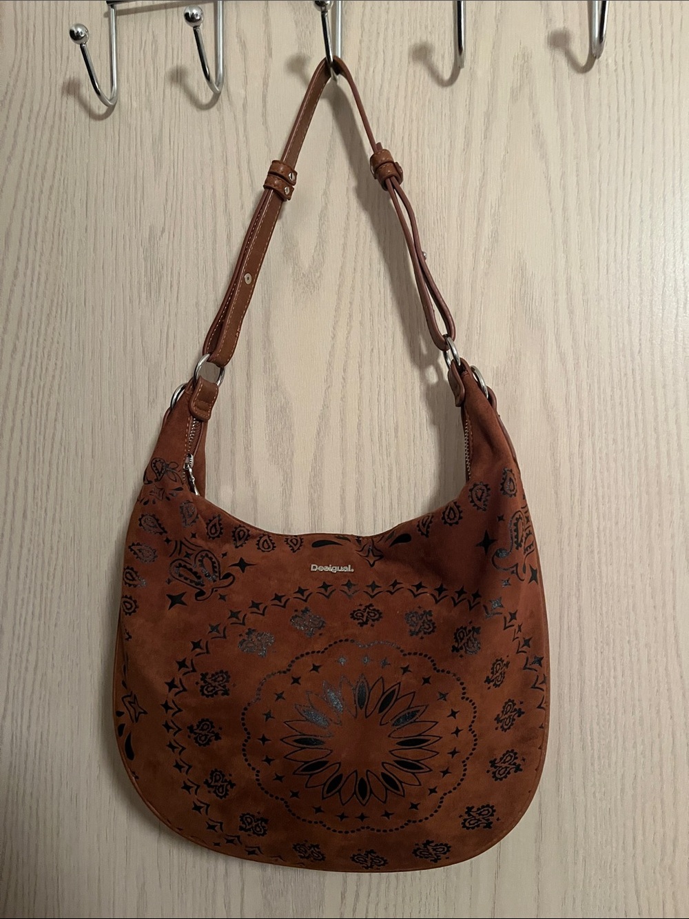 Desigual Brown Suede-Effect Shoulder Bag with Decorative Print